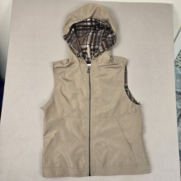 Kenneth Cole Jackets & Blazers - Kenneth Cole New York Beige Hooded Poly Zip Womens Vest Plaid Lining Size XSmall